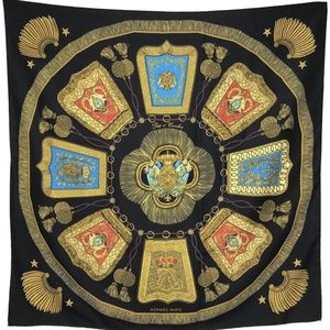 HERMES Scarf 100% Silk "Poste et Caralerie" Black